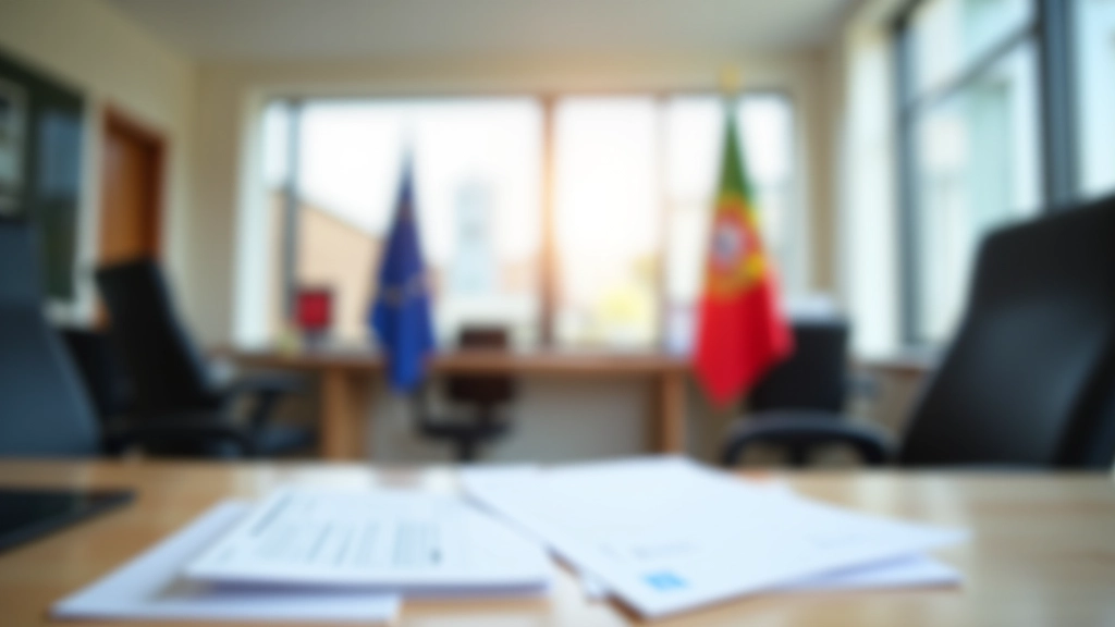 Ambiente profissional de consulado com bandeiras portuguesas e europeias, secretária com documentos de visto, luz natural clara