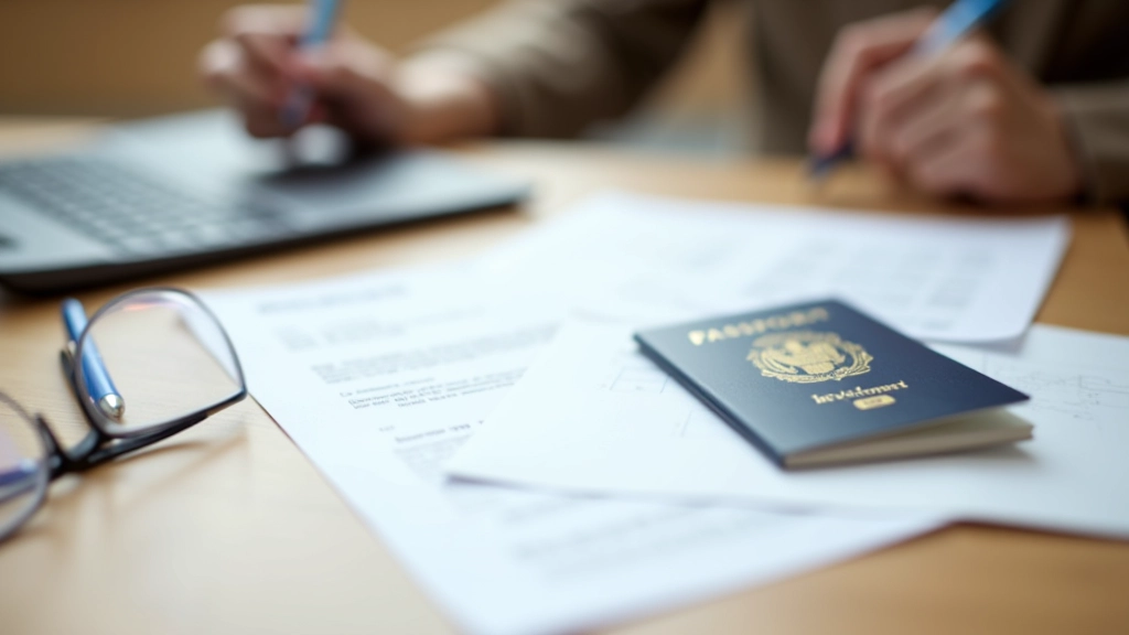 Documentos de visto espalhados numa mesa com passaporte português e formulários de candidatura