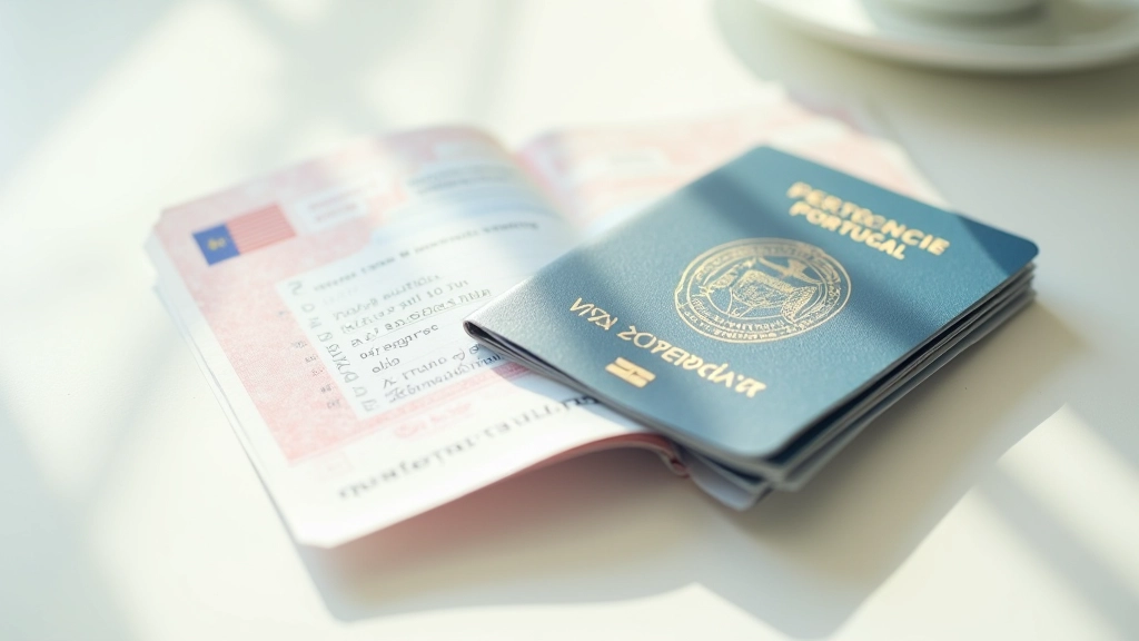 Passaporte português aberto mostrando páginas de visto, em superfície clara com luz natural suave