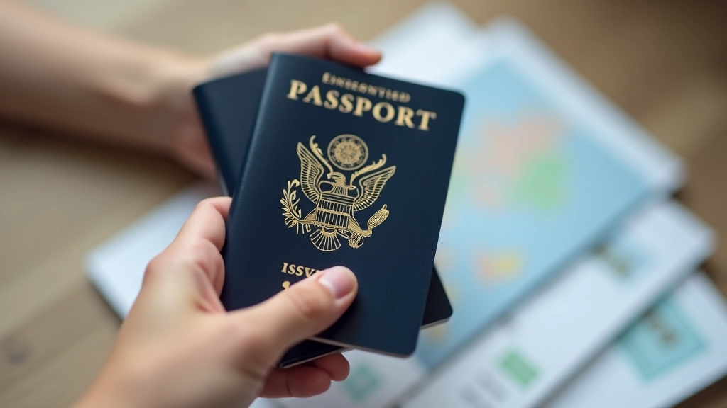 Mão segurando um passaporte com documentos ao fundo