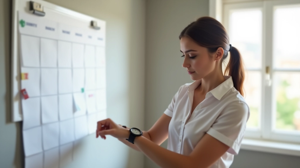 Pessoa a consultar o relógio e um calendário de parede para encontrar a melhor data